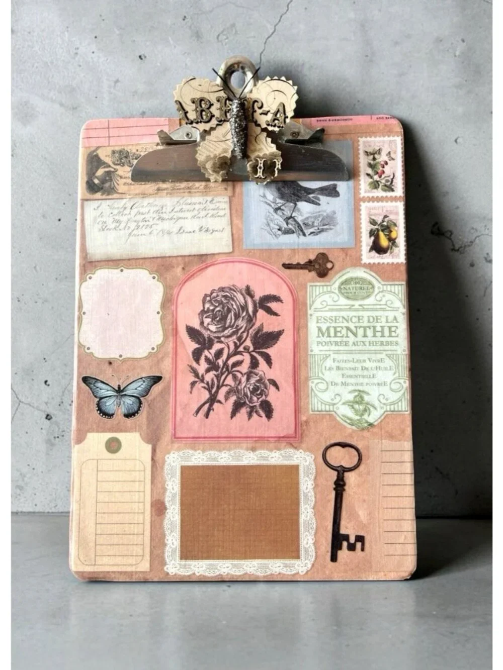 Handcrafted CLIPBOARD Upcycled Decopage Butterfly Bird Rose Key Victorian 12 x 9